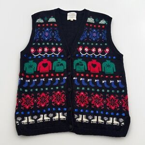 Susan Bristol Hand Embroidered Christmas Sweater Vest Colorful VTG 90s Large Y2K